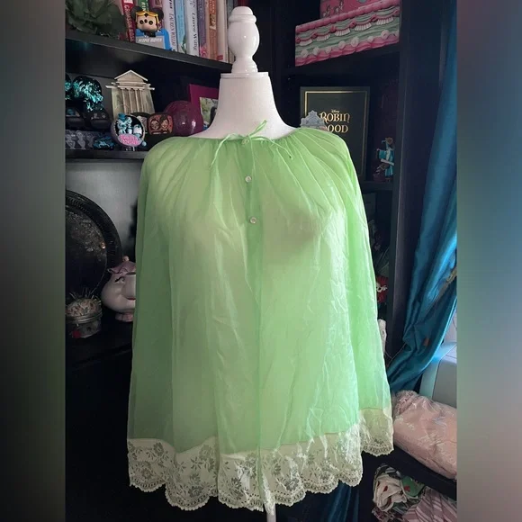 Vintage lime green robe or bed jacket chiffon and lace - Picture 1 of 8